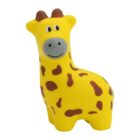 A yellow, cartoon-style giraffe toy with brown spots and a smiling face stands upright. The toy features rounded edges and simplified details, giving it a playful and friendly appearance.