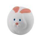 A cute, round white eraser shaped like a bunny with pink ears, blue eyes, and a pink nose on a plain white background.