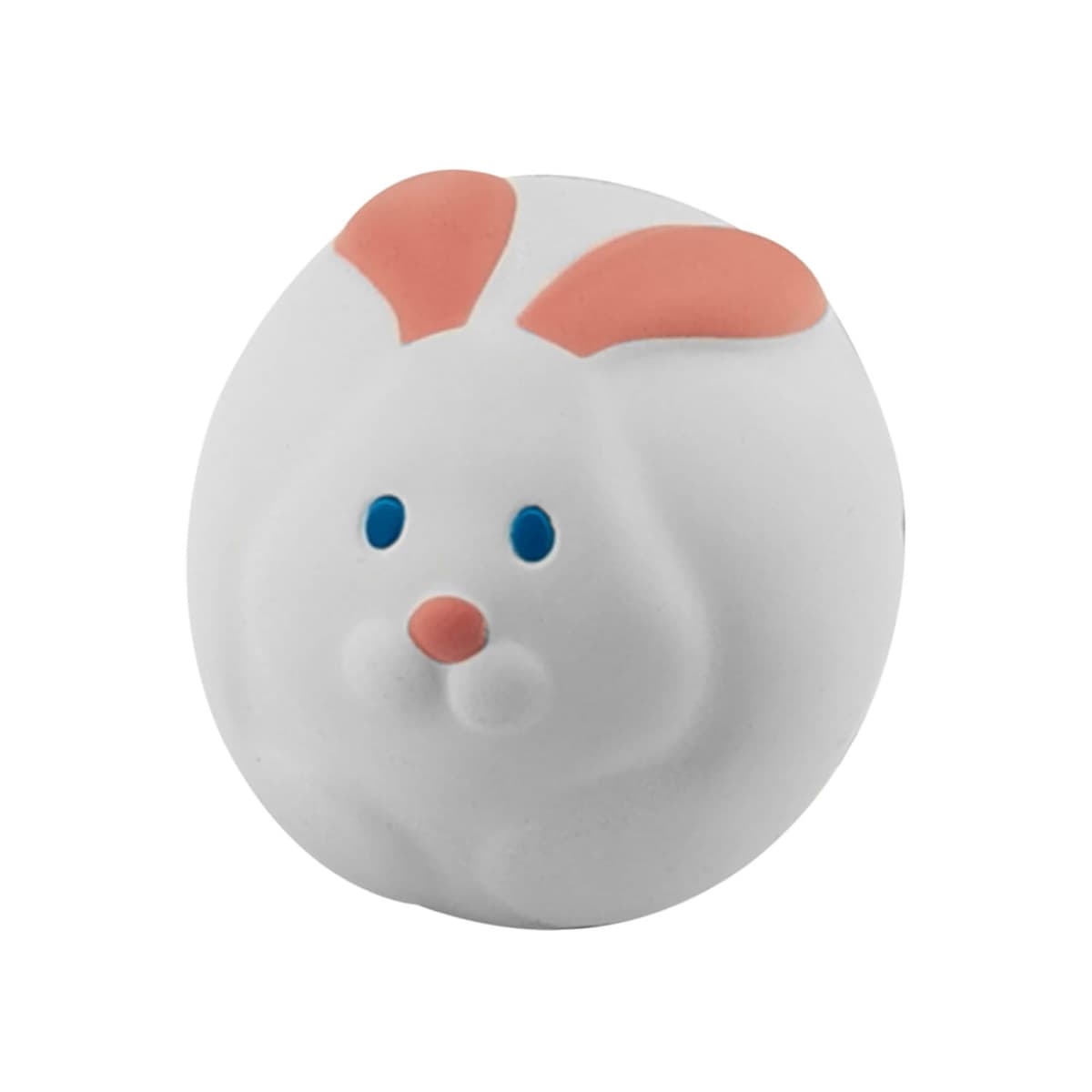 A cute, round white eraser shaped like a bunny with pink ears, blue eyes, and a pink nose on a plain white background.