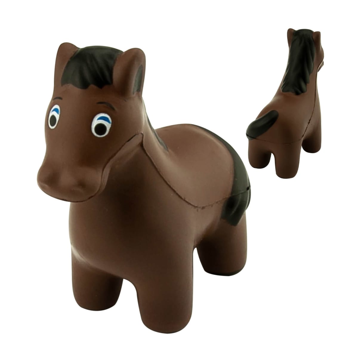 A brown toy horse with a black mane and tail, featuring large cartoonish eyes, stands on four legs. The second view shows the back and side profile of the horse against a plain white background.