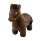 A brown toy horse with black mane and tail features wide, cartoonish eyes and stands on four legs against a white background.