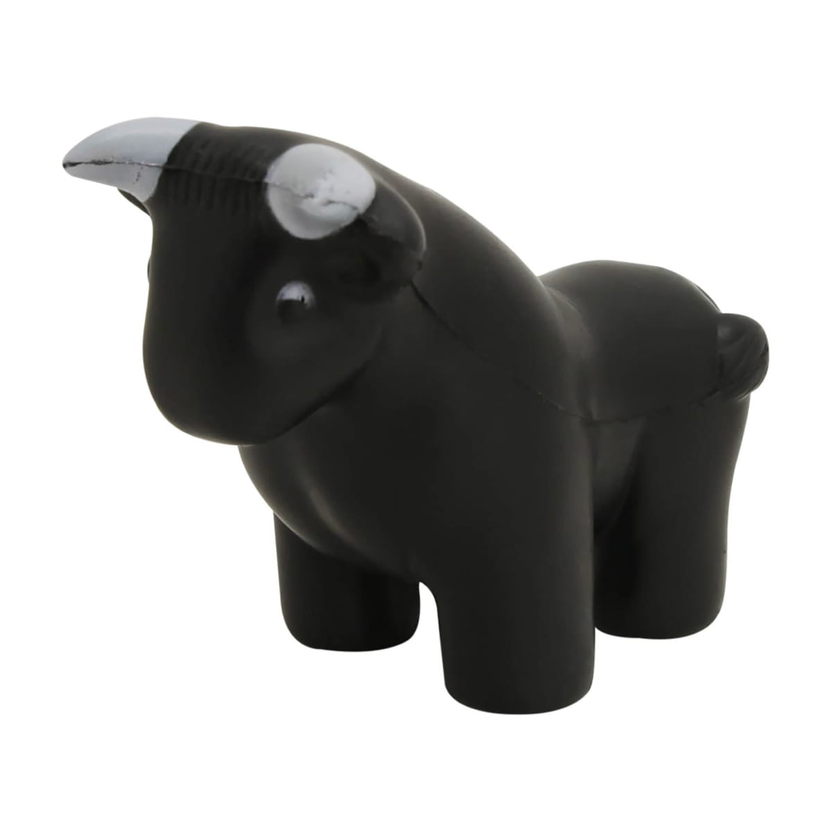 A small, black, cartoon-style bull figurine with white horns and simple facial features. The bull stands on four legs, looking forward.