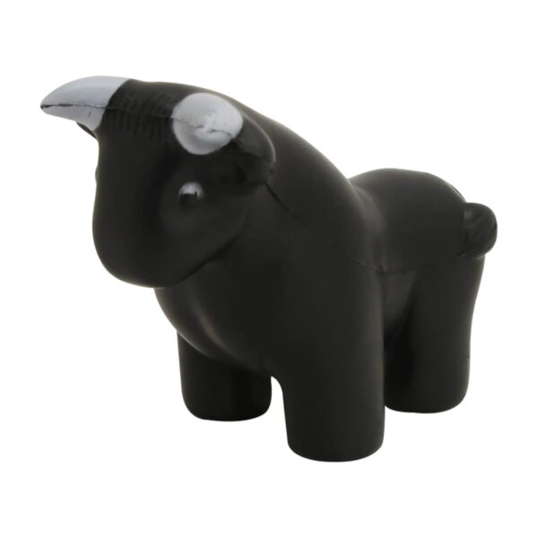 Black bull-shaped stress ball with white-tipped horns, standing on four legs.