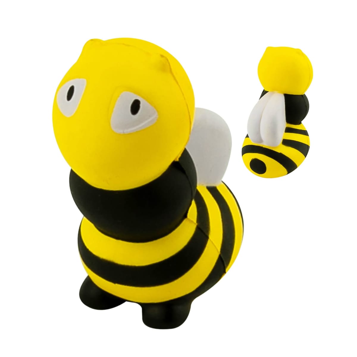 Cartoon-style yellow and black striped bee figure with a large head, white wings, and exaggerated eyes, shown from two angles on a plain white background.