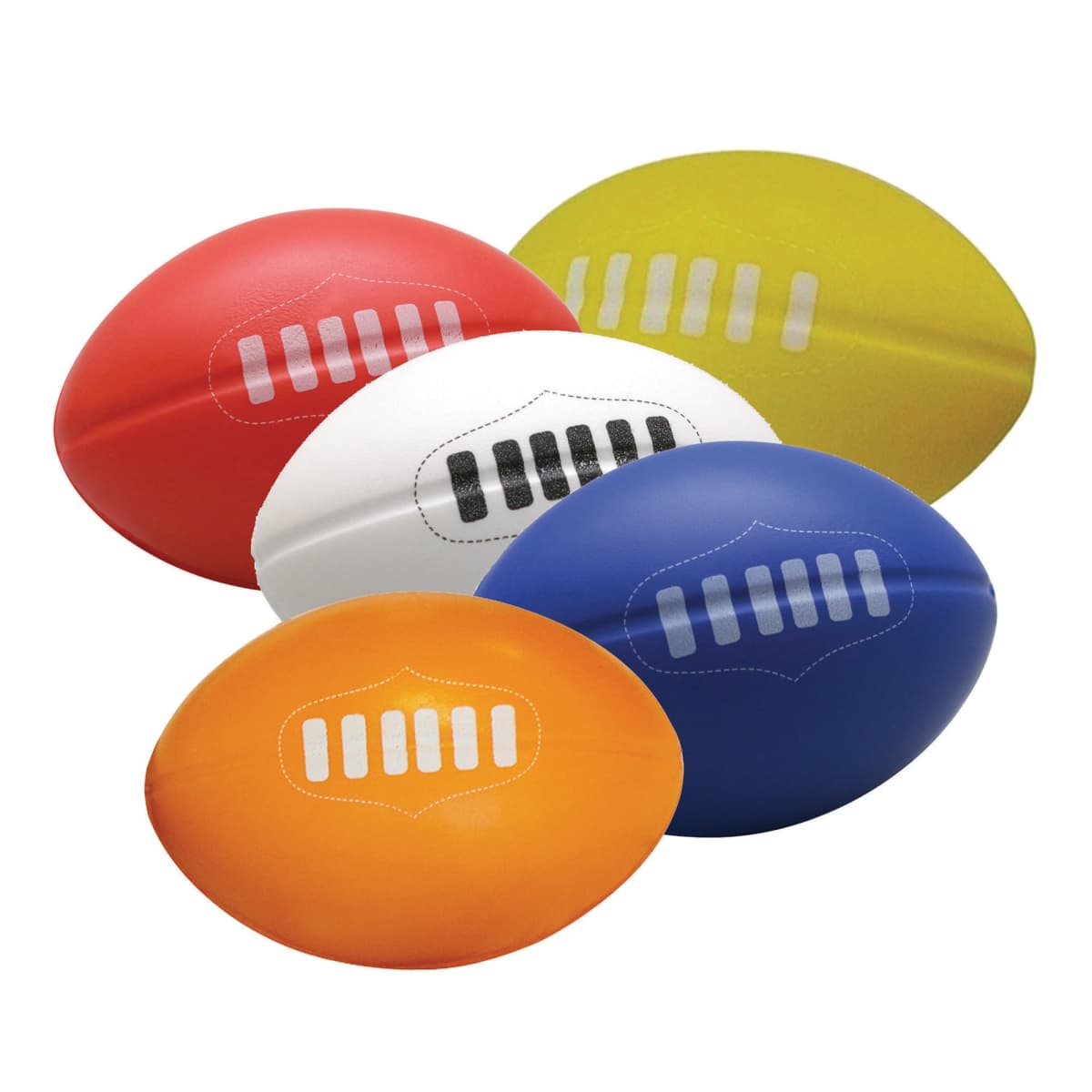 Five colorful rugby balls are grouped together. The balls are red, white, yellow, orange, and blue, each featuring a stylized pattern resembling stitches along their surfaces.