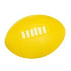 A bright yellow, egg-shaped rugby ball with a white, stitched design in the center on a plain white background.