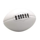 A white rugby ball with a black lace pattern printed on its surface, set against a plain white background.