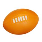 An orange foam football with white, stylized laces printed on top.