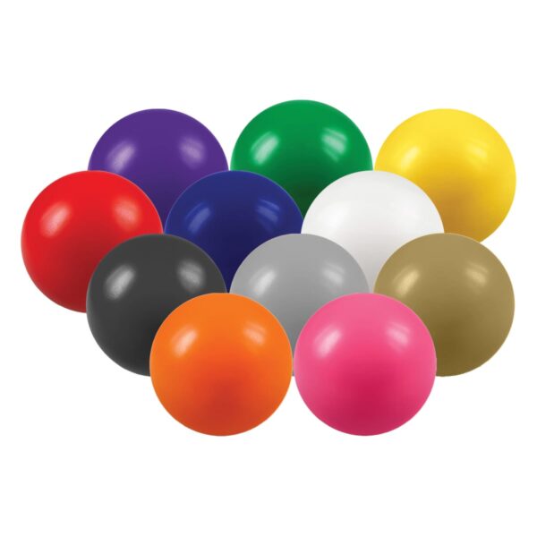 A collection of ten colorful balls arranged in a pyramid. The balls are red, purple, green, yellow, black, blue, gray, white, brown, orange, and pink. Each ball appears glossy and reflective.