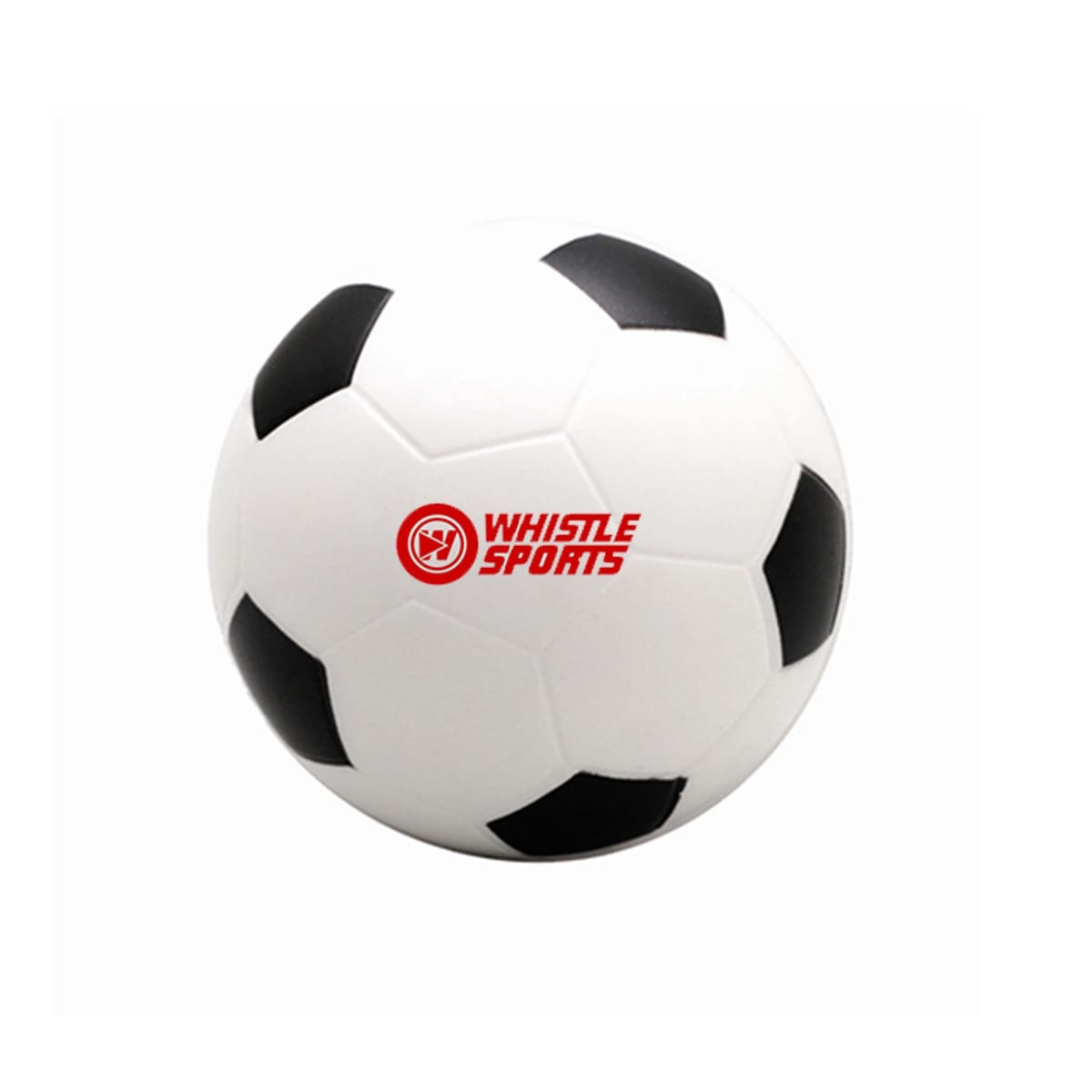 A traditional black and white soccer ball with Whistle Sports logo in red on it, placed against a white background.