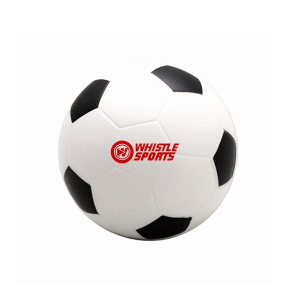 A soccer ball with black and white pentagonal patterns featuring a red logo that reads Whistle Sports on the front.