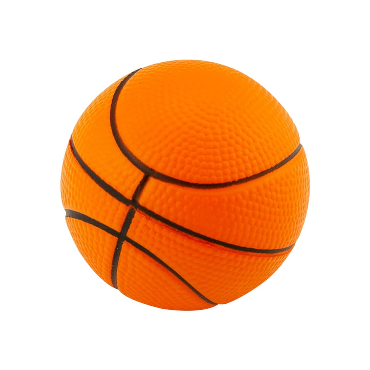 Orange rubber basketball with black lines, textured surface, on a white background.
