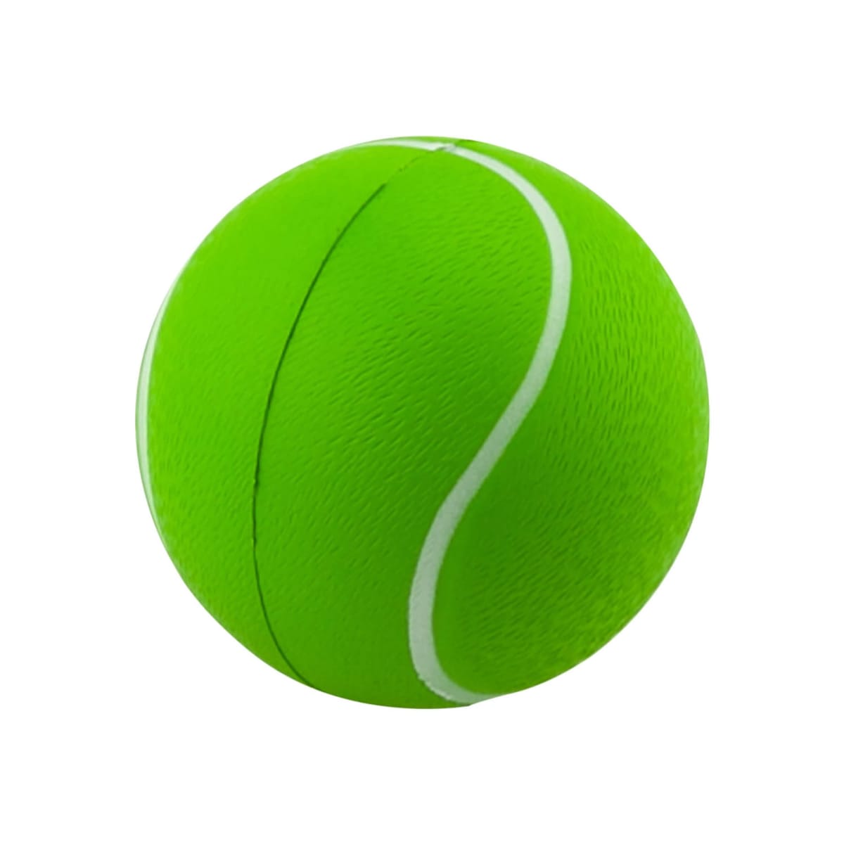 A bright green tennis ball with visible textured surface and white curved lines, set against a plain white background.