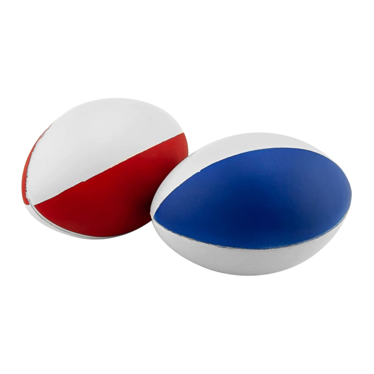 Two egg-shaped juggling balls, one with a red and white design and the other with a blue and white design, are positioned side by side on a white background.
