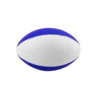A blue and white rugby ball with a simple design is shown against a plain white background.