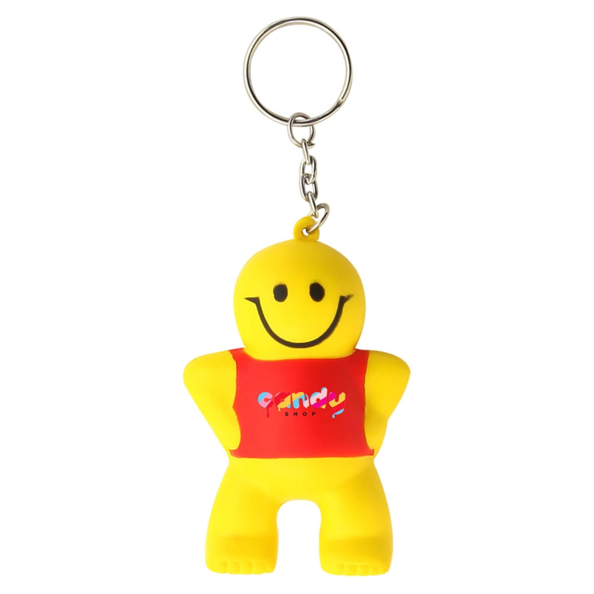 A keychain featuring a yellow smiley face figure with a red shirt, standing with its hands on hips. The shirt has colorful text on it.