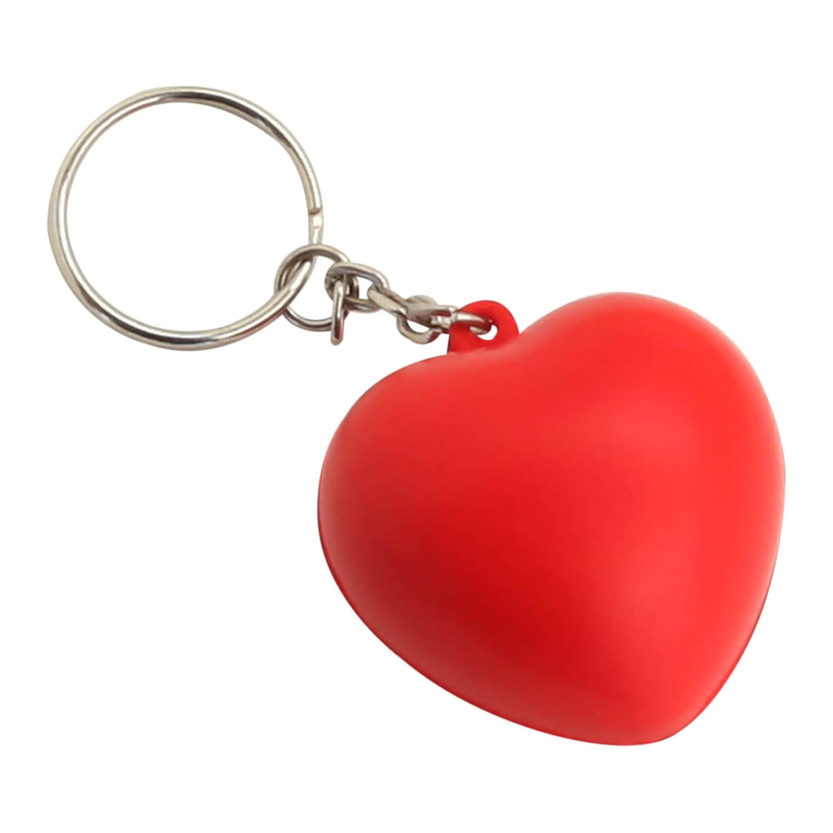 A red heart-shaped keychain attached to a silver ring.