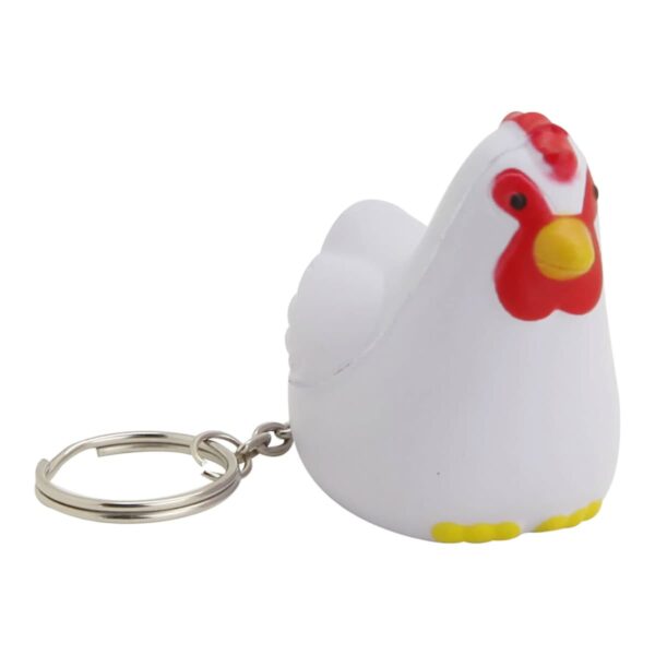 A small chicken-shaped keychain with a white body, red comb, yellow beak, and feet. The metal ring is attached to its side, designed to hold keys.