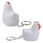 Two keychains featuring white chicken-shaped figures with red combs and yellow beaks. The chickens are attached to metal key rings. One is shown from the front, the other from the side.