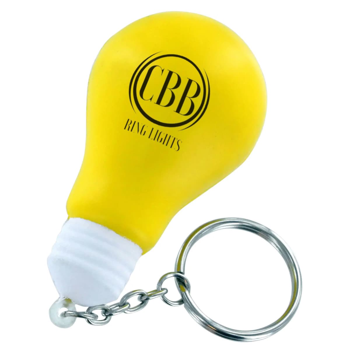Keychain in the shape of a yellow light bulb with a metal ring. The bulb has the text CBB RING LIGHTS printed on it.