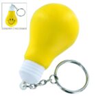 A keychain featuring a yellow light bulb with a silver ring attached. The bulb has a smiley face on the back, as shown in the inset image at the top left corner.