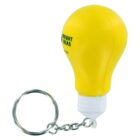 A yellow light bulb-shaped keychain with a silver chain and ring. Small text on the bulb reads BRIGHT IDEAS.