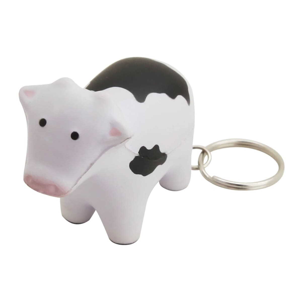 A keychain featuring a small rubber cow figure in black and white. The cow has a simple, stylized design with rounded features and a metal key ring attached to its back.