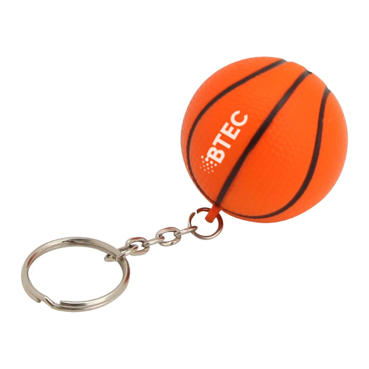 A small orange basketball keychain with black lines and the word BTEC printed on it. The keychain is attached to a metal ring by a short chain.