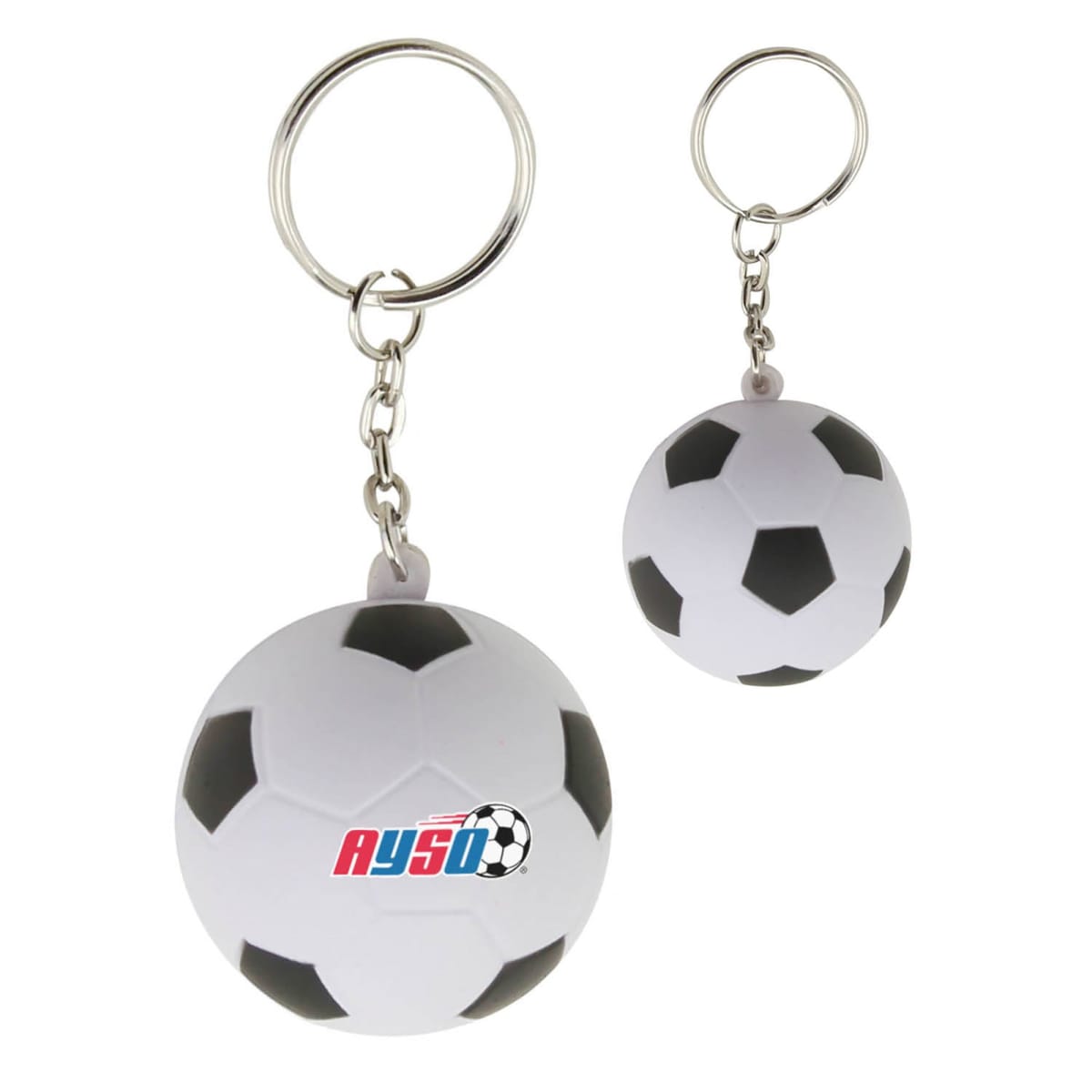 Two soccer ball keychains with black and white panels. One keychain features a logo with red and blue text on the ball. Each has a metal chain and ring for attaching keys. The background is plain white.