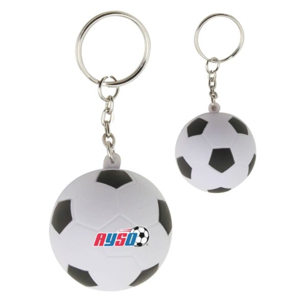 Two keychains featuring small soccer balls with black and white pentagon patterns. One ball has a logo with the text AYSO featuring a small soccer graphic. Each keychain is attached to a metal ring.