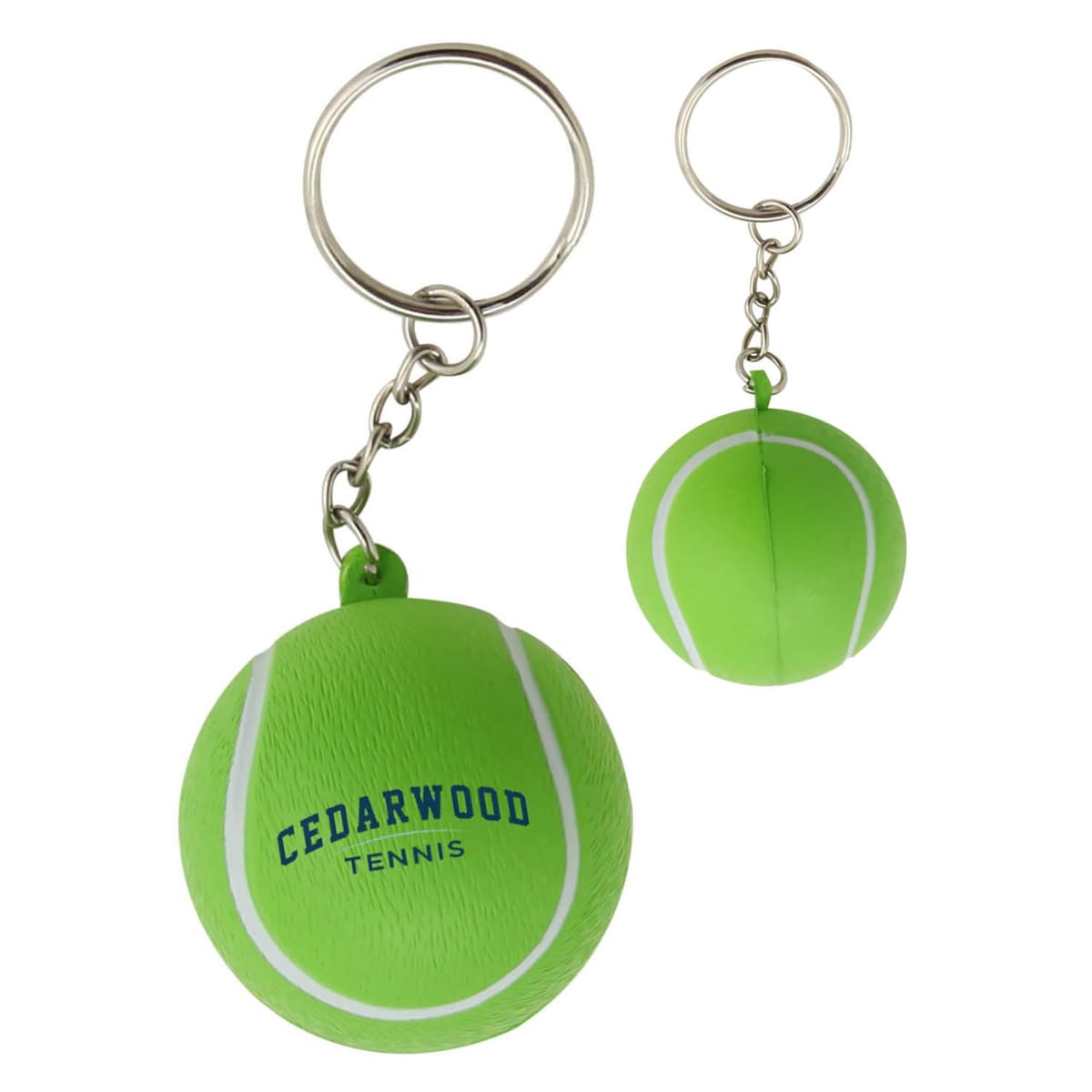 Two green tennis ball keychains with white lines. The larger ball has Cedarwood Tennis printed in blue. Each ball is attached to a metal chain and key ring.