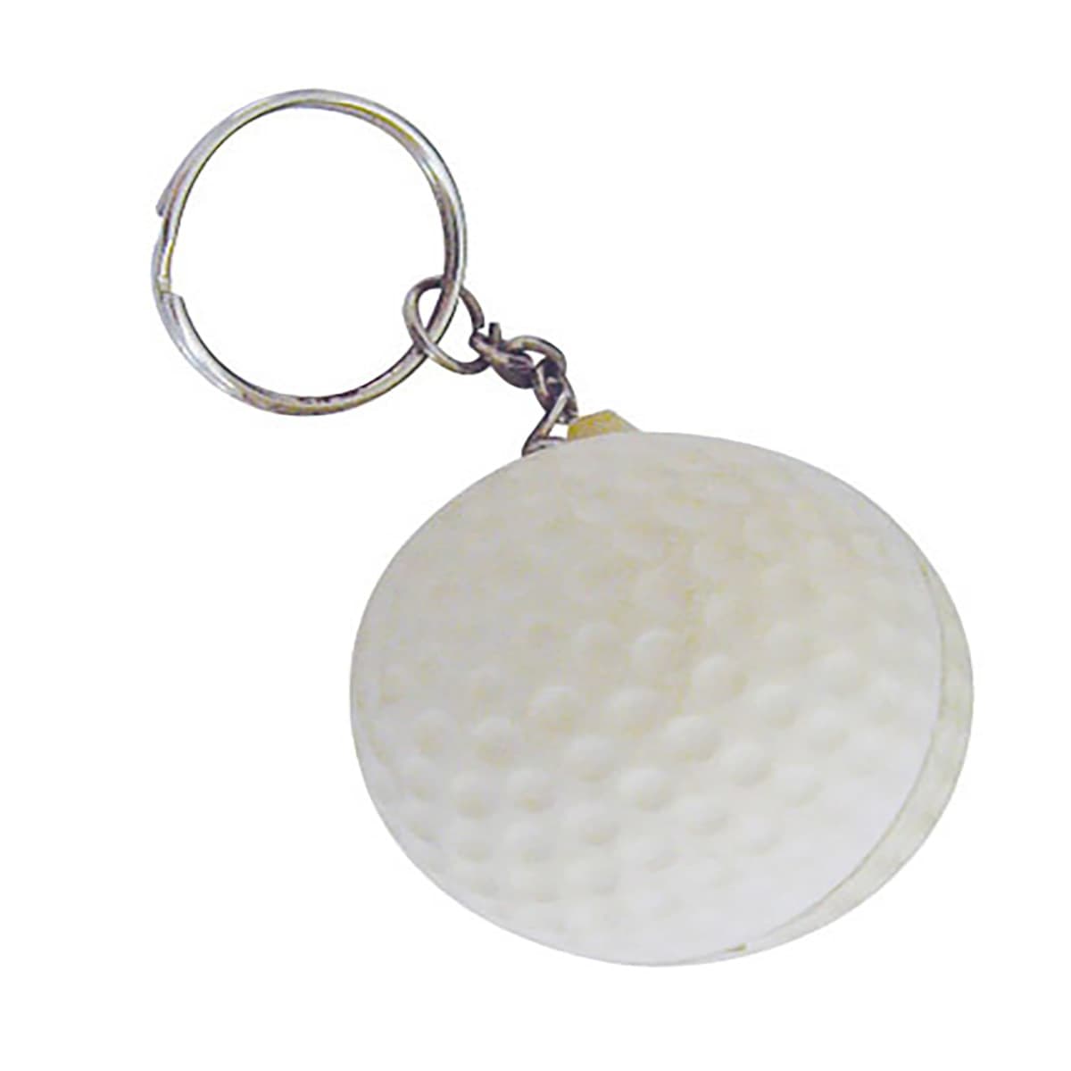 A keychain featuring a small white golf ball with dimpled texture, attached to a silver metal ring.