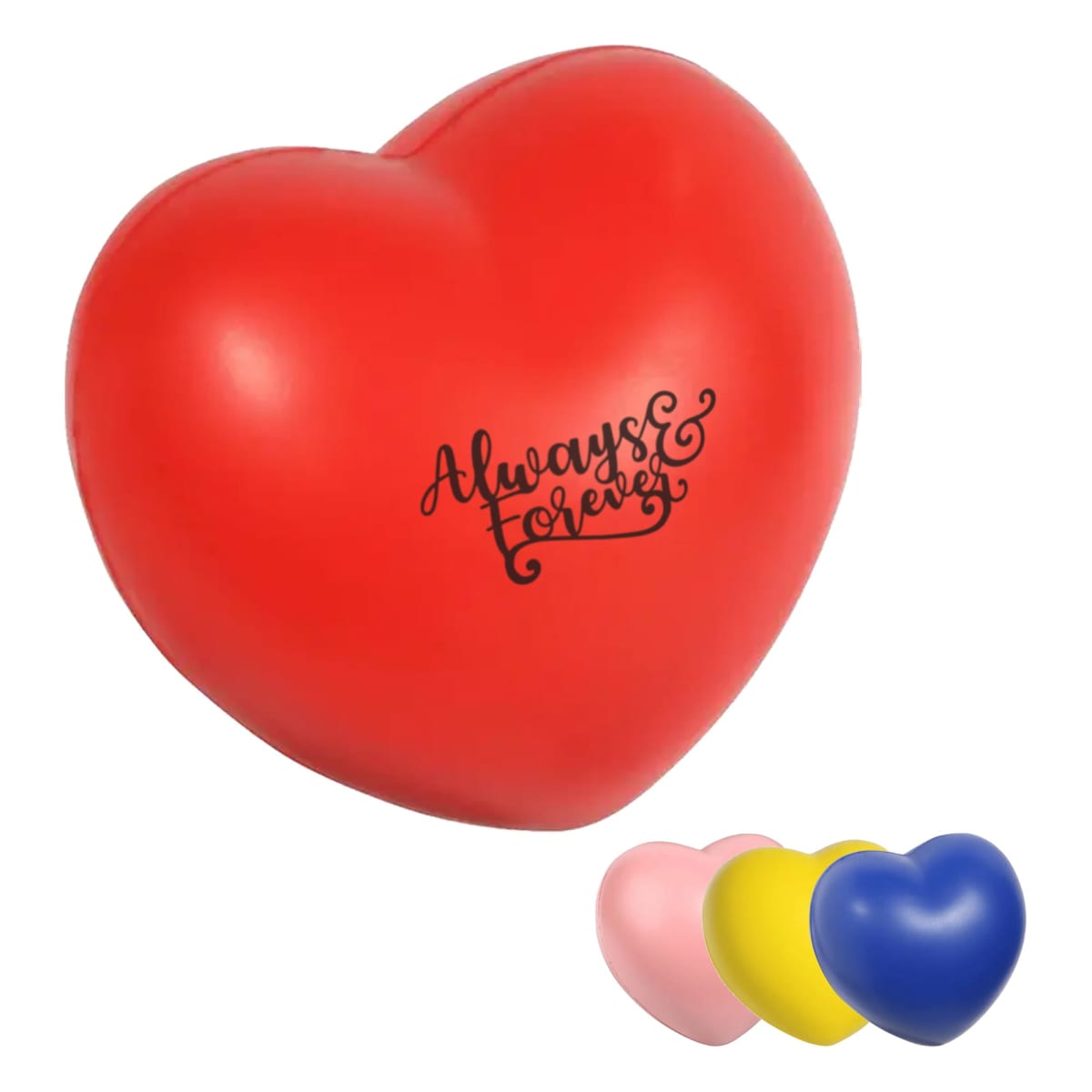 A red heart-shaped object with Always & Forever written on it. Three smaller hearts in pink, yellow, and blue are positioned below.