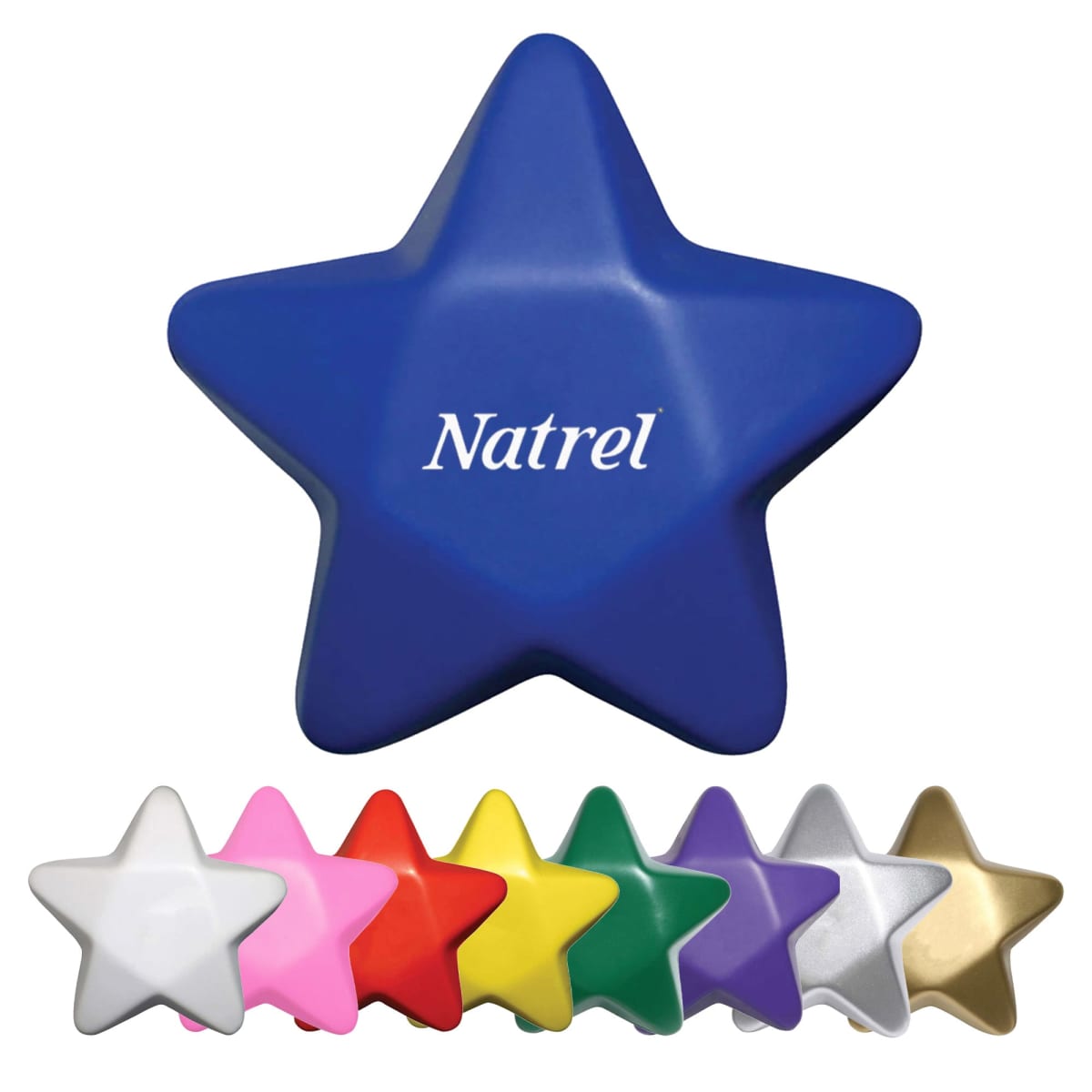 A stress ball shaped like a blue star with the word Natrel on it. Below are seven star-shaped stress balls in various colors: white, pink, red, yellow, green, silver, and gold.