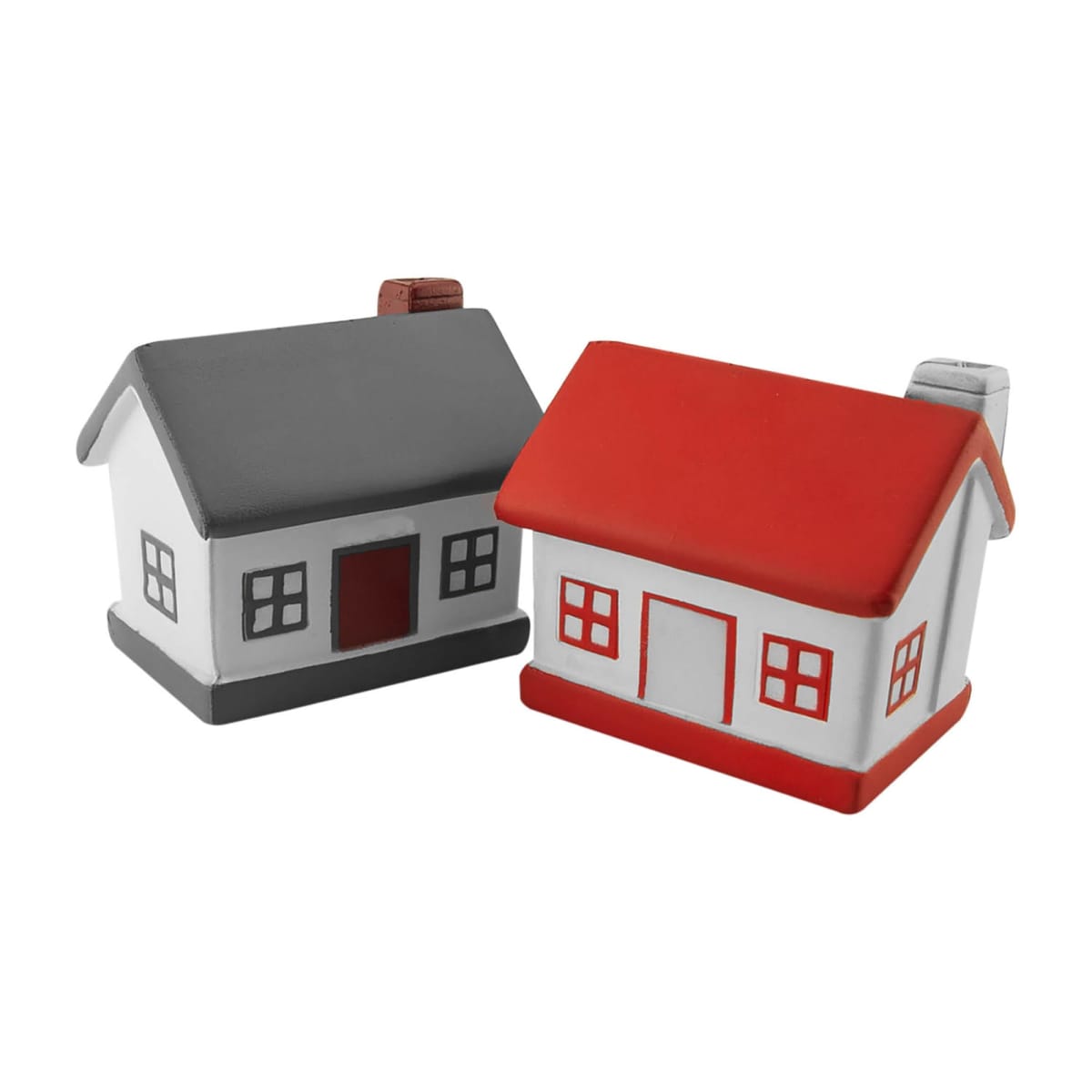 Two small, decorative house models side by side. The left house has a gray roof and red door, and the right one has a red roof and no door detail. Both have square windows and chimneys.