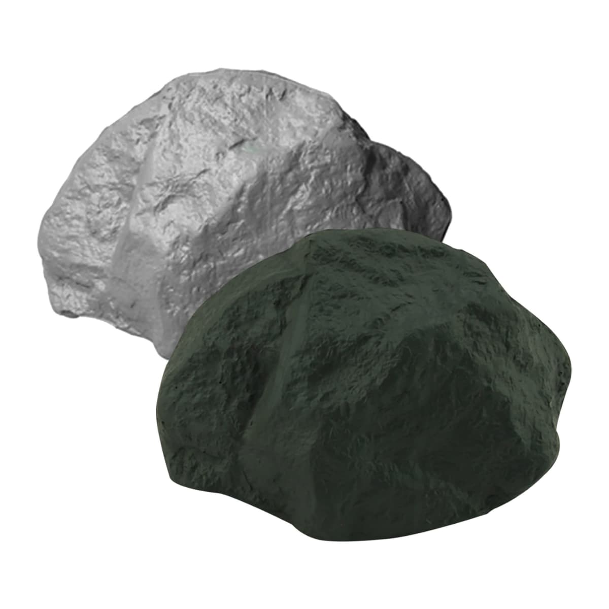 Two large, textured rocks are placed against a plain white background. One rock is gray, and the other is dark green. Both have uneven surfaces with visible ridges and natural shapes.