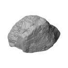 A large, gray, rugged rock with a rough texture, sitting against a plain white background.