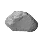 A gray, irregularly shaped rock with a rough, textured surface. The rock appears solid and heavy, showcasing natural contours and ridges. Its neutral gray color is consistent throughout the surface.