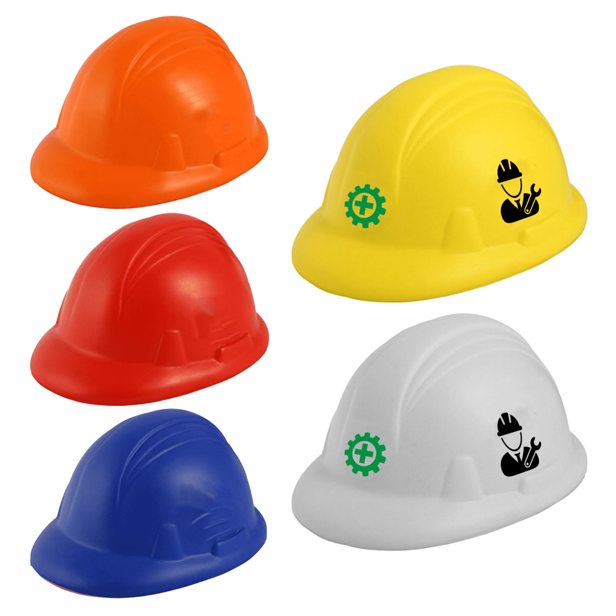 Five construction helmets in different colors: orange, red, blue, yellow with a worker icon, and white with a worker icon. The yellow and white helmets also display a green gear symbol.