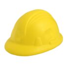 A yellow hard hat with a smooth, rounded surface and a short brim. It features subtle raised patterns on top and sides, designed to provide head protection on construction sites.