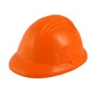 An orange construction hard hat with a smooth, rounded design is shown against a plain white background.