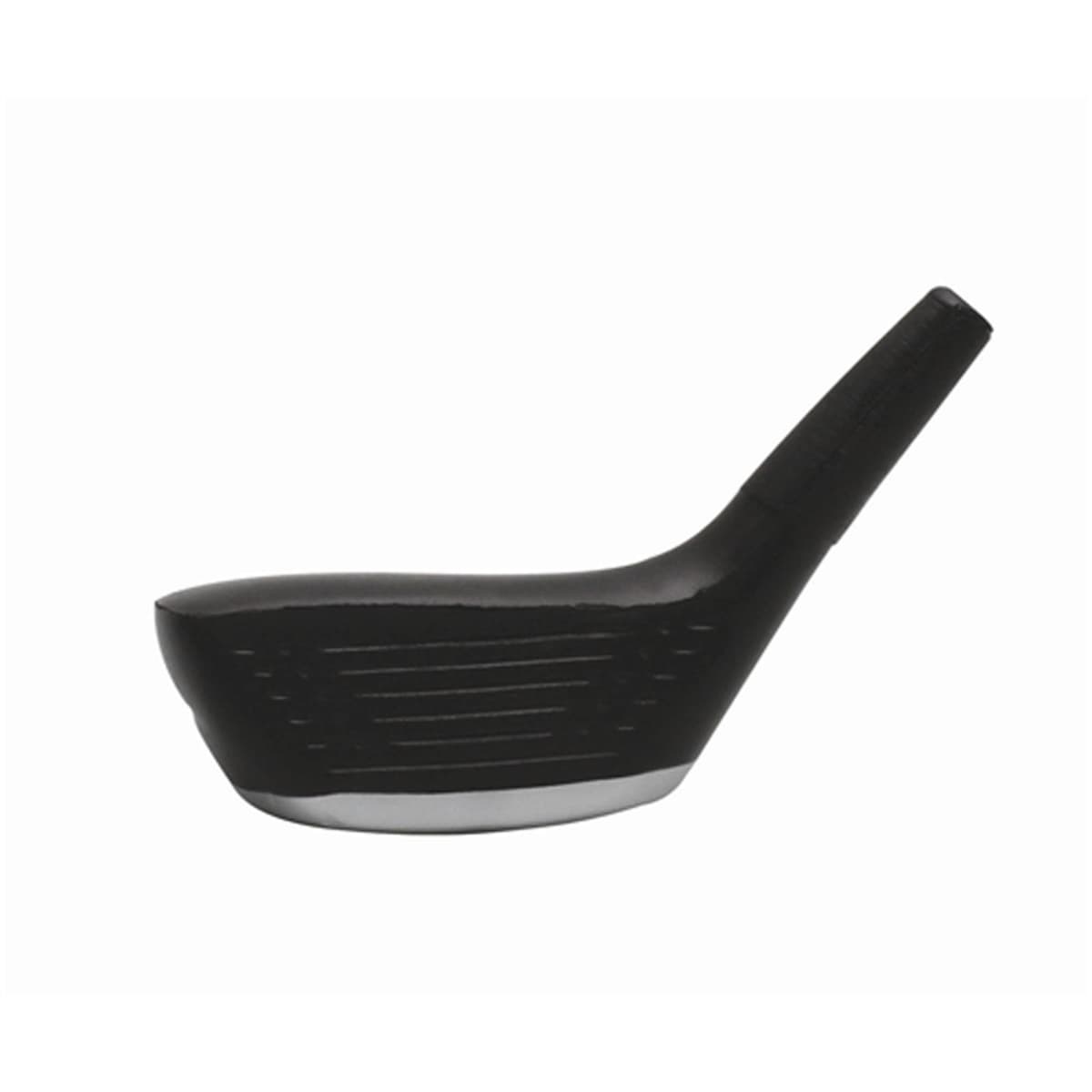 A black golf club head with a metallic bottom and grooved surface, designed for hitting golf balls accurately. It is oriented sideways, showing the details of its face and sole.