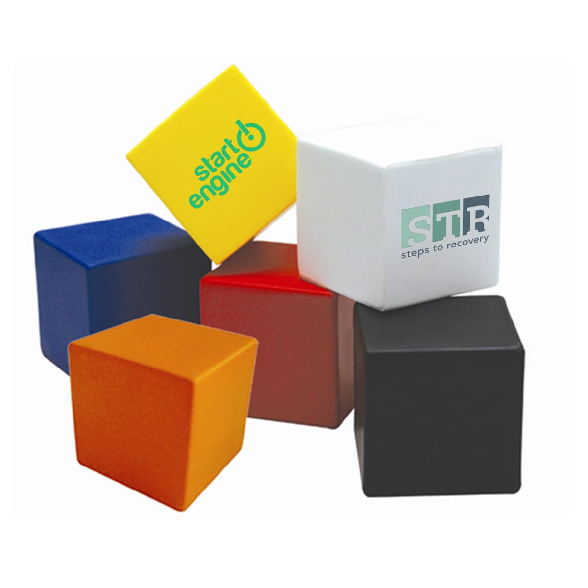A group of six colored stress cubes stacked together. They are blue, yellow, white, orange, red, and black. The yellow cube has a StartEngine logo, and the white cube has Steps to Recovery printed on it.