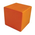 An orange cube with smooth surfaces viewed from a slight angle, against a plain white background.