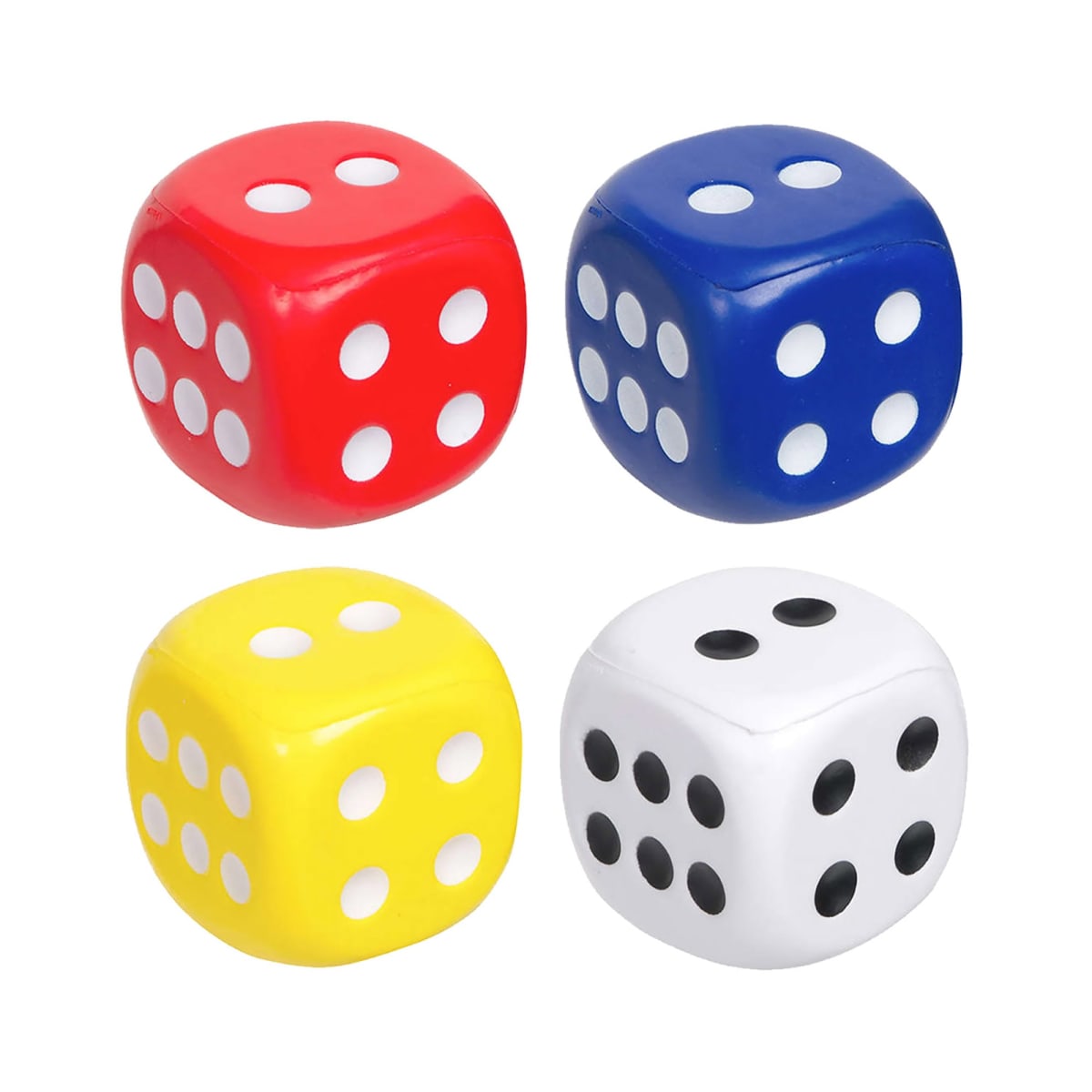 Four colorful dice are arranged in a square. The dice are red, blue, yellow, and white. Each displays different numbers of white pips on their visible sides. The red and blue show 5, the yellow shows 4, and the white shows 3.