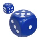 Two blue dice are shown, each with white dots. The larger die displays the number three on the visible side, while the smaller die shows the number five. The background is plain white.