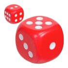 Two red dice with white dots are shown. The larger die in the foreground displays a roll of five, while the smaller die in the background shows a roll of four. Both dice have rounded edges.