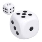 Two white six-sided dice featuring black dots are shown. One die is in the foreground displaying a six on top and a four on the side, while a smaller die in the background shows a three on top and a five on the side.