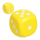 Two yellow dice featuring white dots, one larger in the foreground showing the number five, and a smaller one in the background displaying the number four. They are placed on a plain white surface.