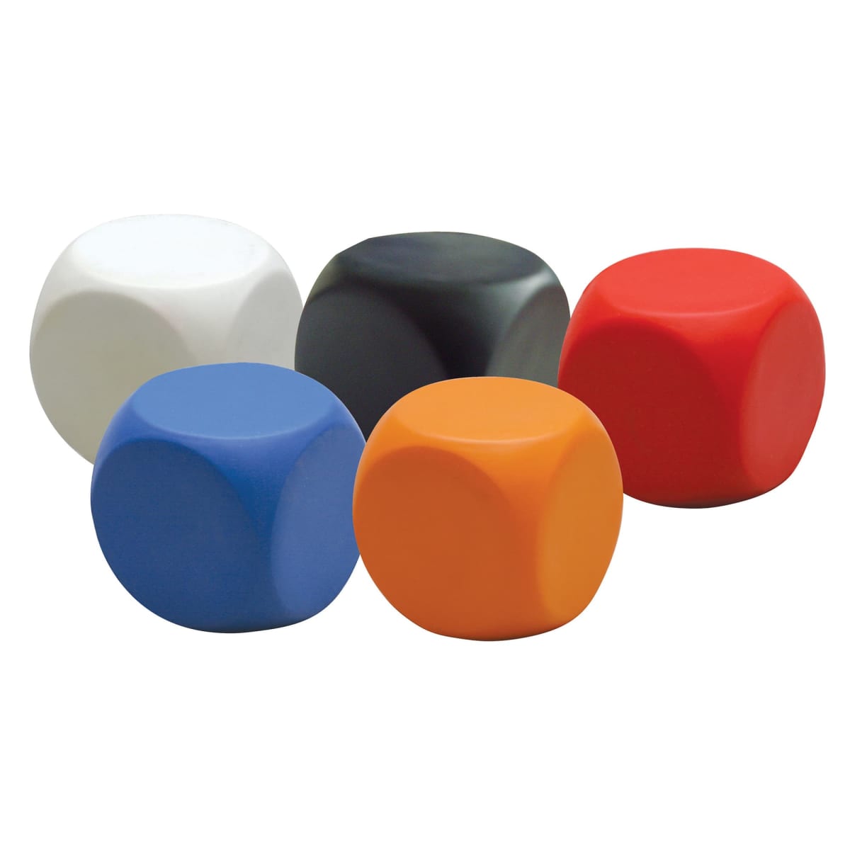 Five squishy stress balls in different colors: white, black, red, blue, and orange. Each ball has a smooth surface and is shaped like a rounded cube. They are arranged in a cluster.